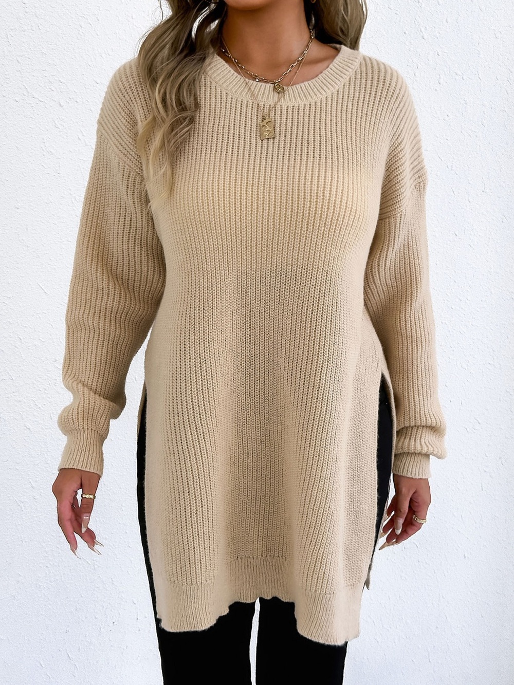 Side-Slit Dropped Shoulder Sweater - Picture 7 of 10